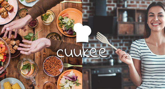 cuukee logo with table in background where people share food